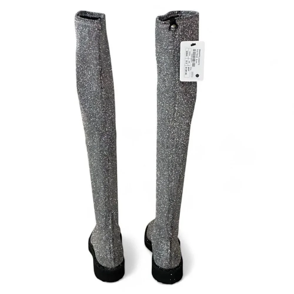 Giuseppe Zanotti Women's Silver Glitter Over-the-Knee Flat Boots Sz 37.5 NWOT